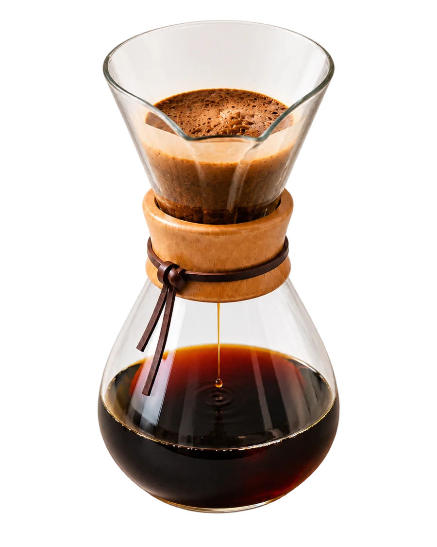 Glass pour-over brewer with a visible coffee drip collecting in the lower chamber.