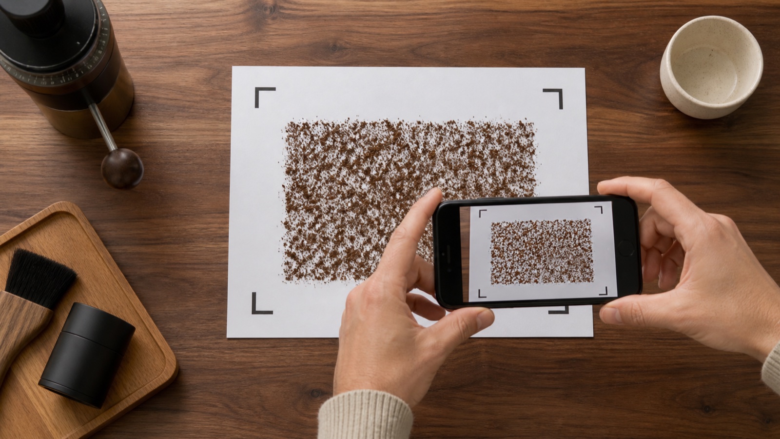 A phone camera framing coffee grounds inside the Baristuno mat’s continuous 100 mm reference square before analysis.