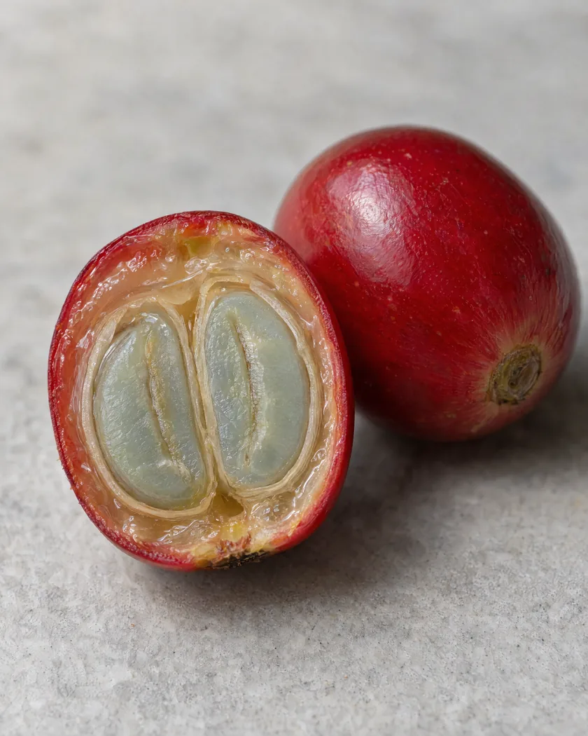 A coffee cherry cut open to show the two seeds inside its fruit