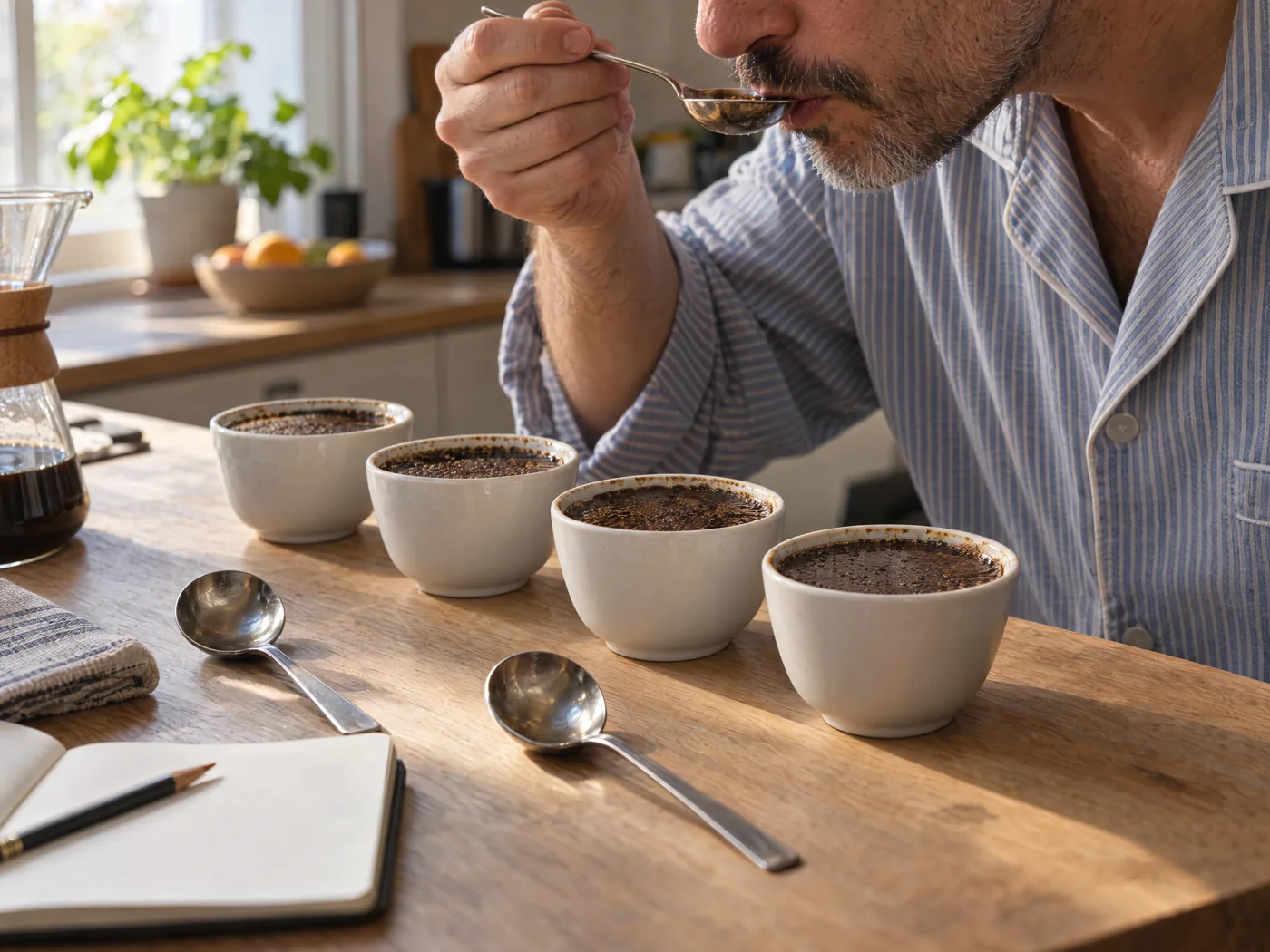 A taster comparing several bowls of coffee with a cupping spoon