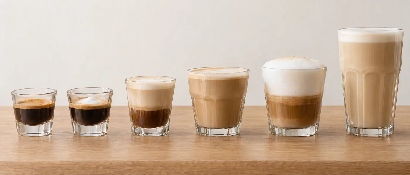 Six espresso-based drinks arranged from a small black espresso to a tall latte