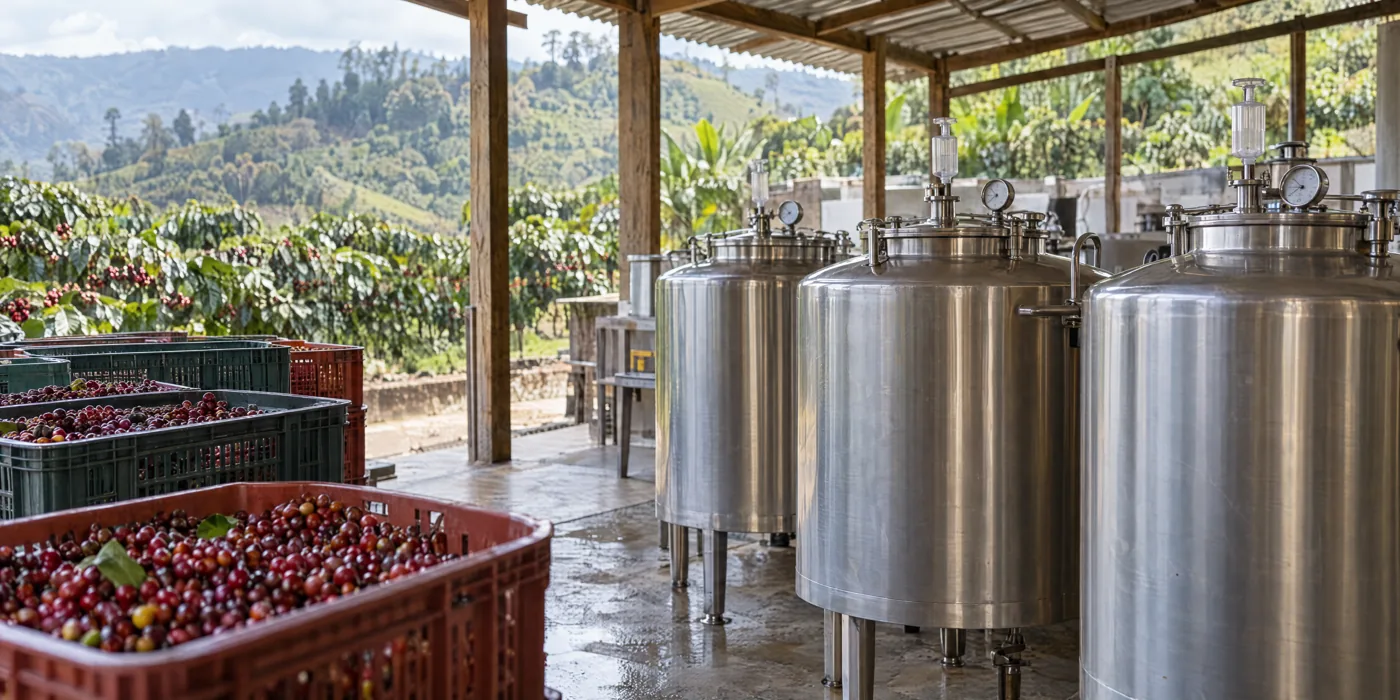 Stainless steel fermentation tanks beside harvested coffee cherries