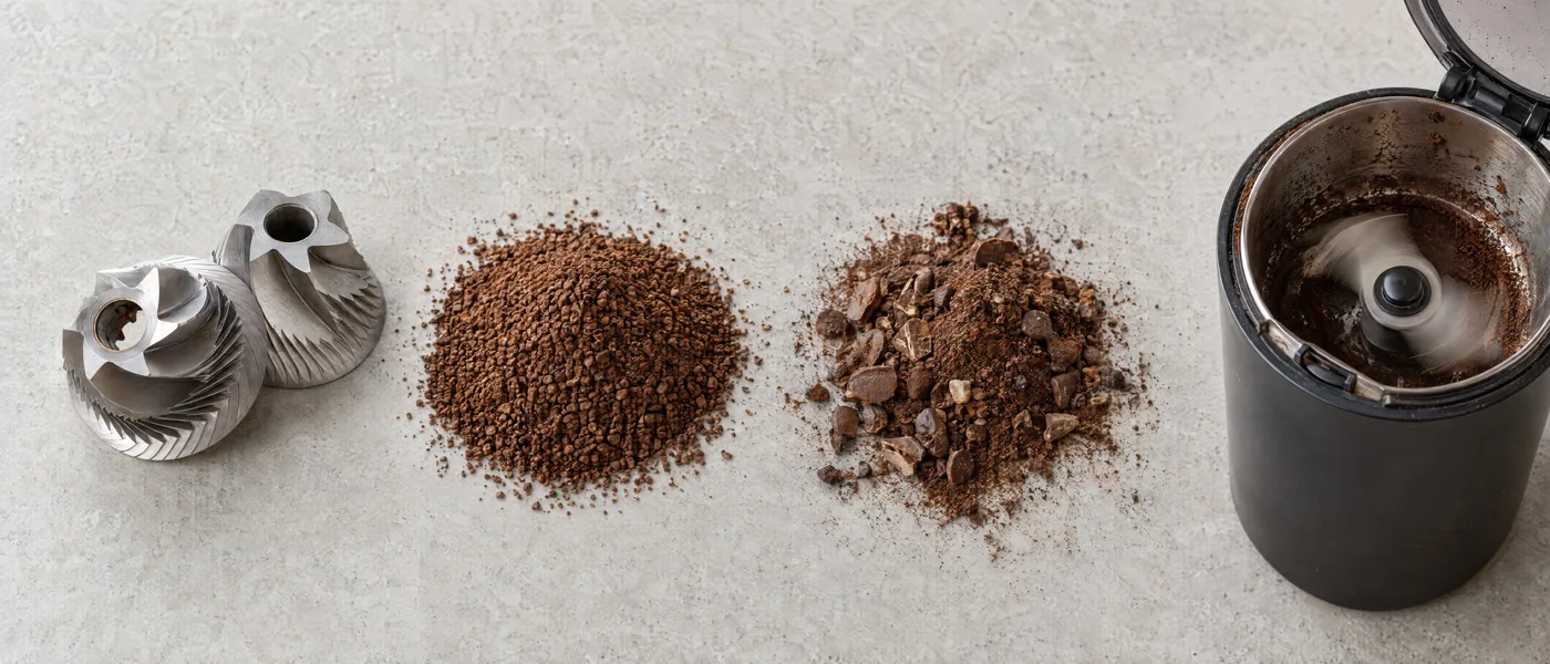 Burrs and a more even pile of grounds beside a blade grinder and mixed-size grounds
