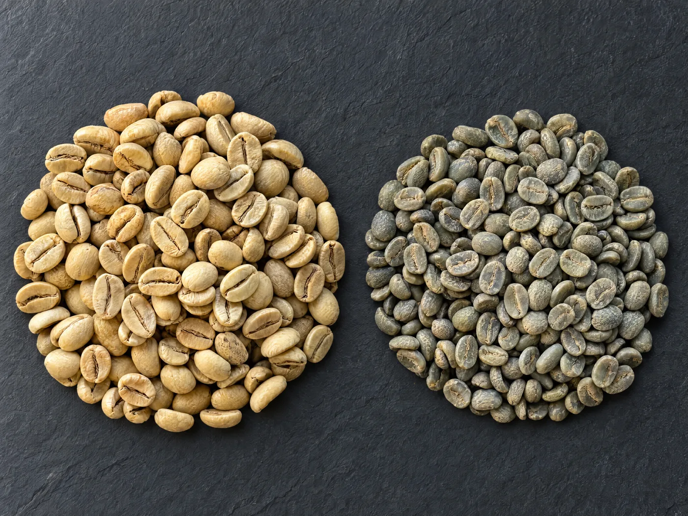 Pale swollen monsooned green beans beside greener unroasted beans