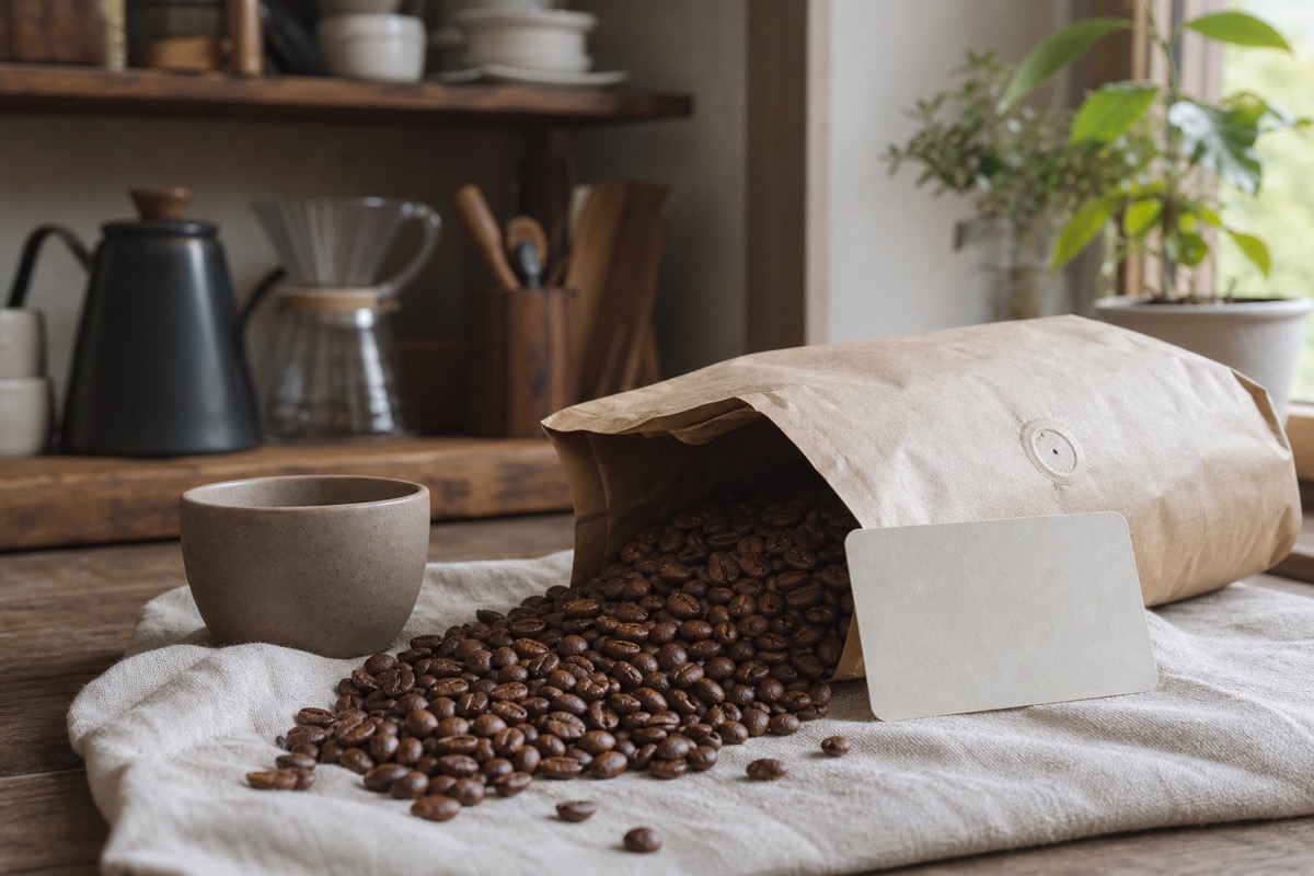 Fresh roasted coffee beans beside a sealed bag