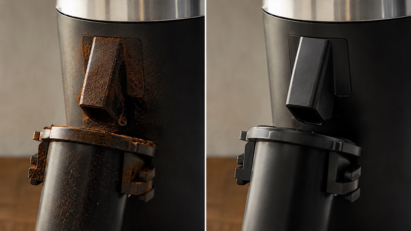 Coffee grounds and static around a grinder