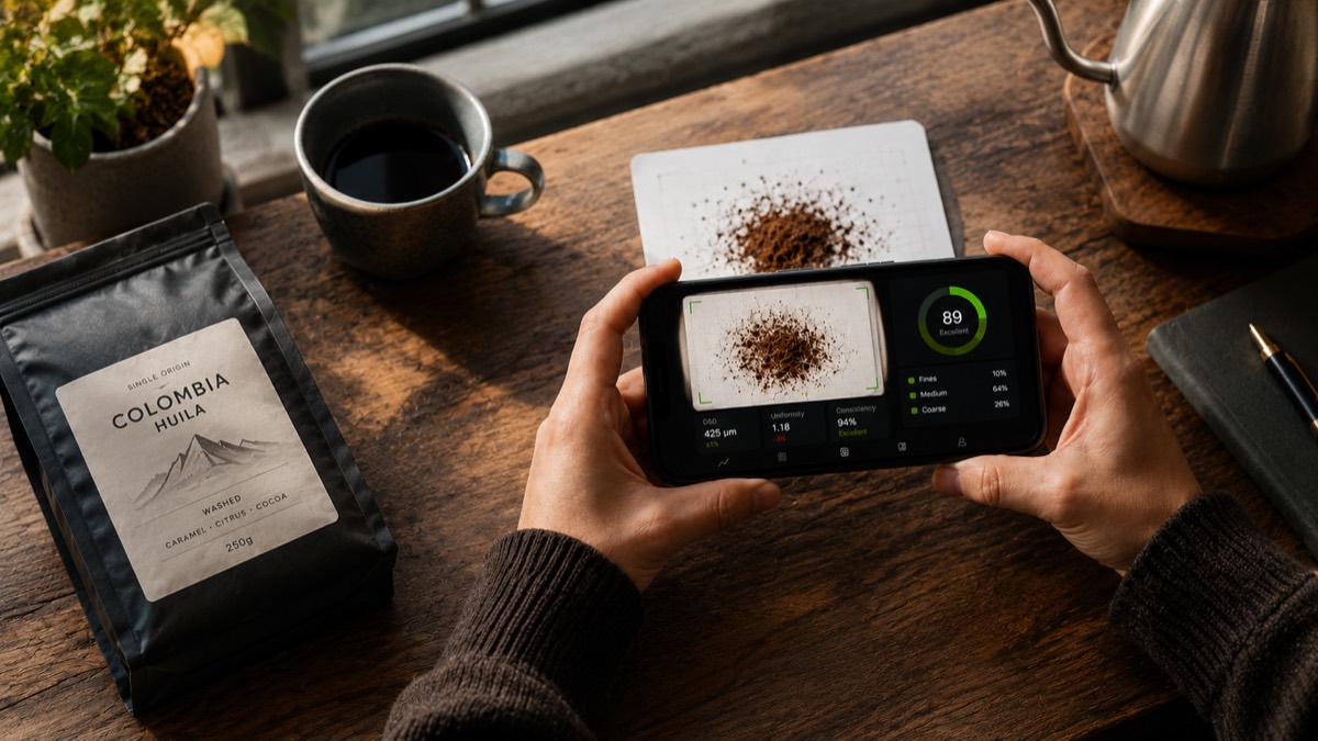 A phone held over a printed calibration mat, showing a finished grind report: D50 425 µm, uniformity 1.18, and the fines, medium and coarse split.